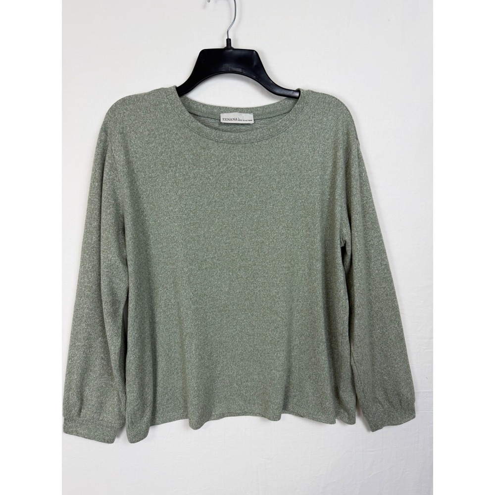 Zenana Women Top L Sage Green Heathered Hacci Knit Long Sleeve Crewneck HT-2391Y